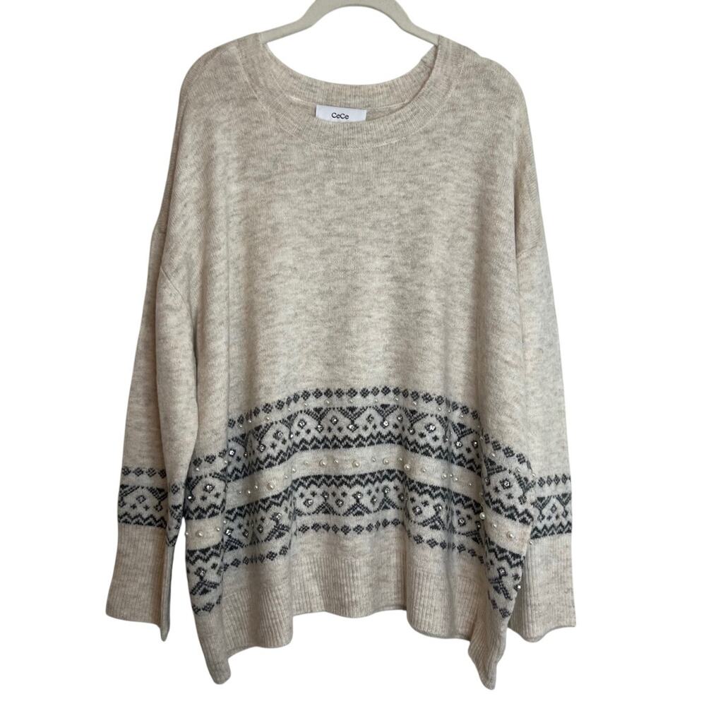 CeCe Womens Fair Isle Embellished Sweate3X Malted Ivory Beaded Rhinestone